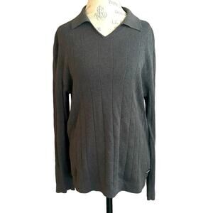 Daniel Hechter grey ribbed v neck collared cotton sweater men’s size Med preppy